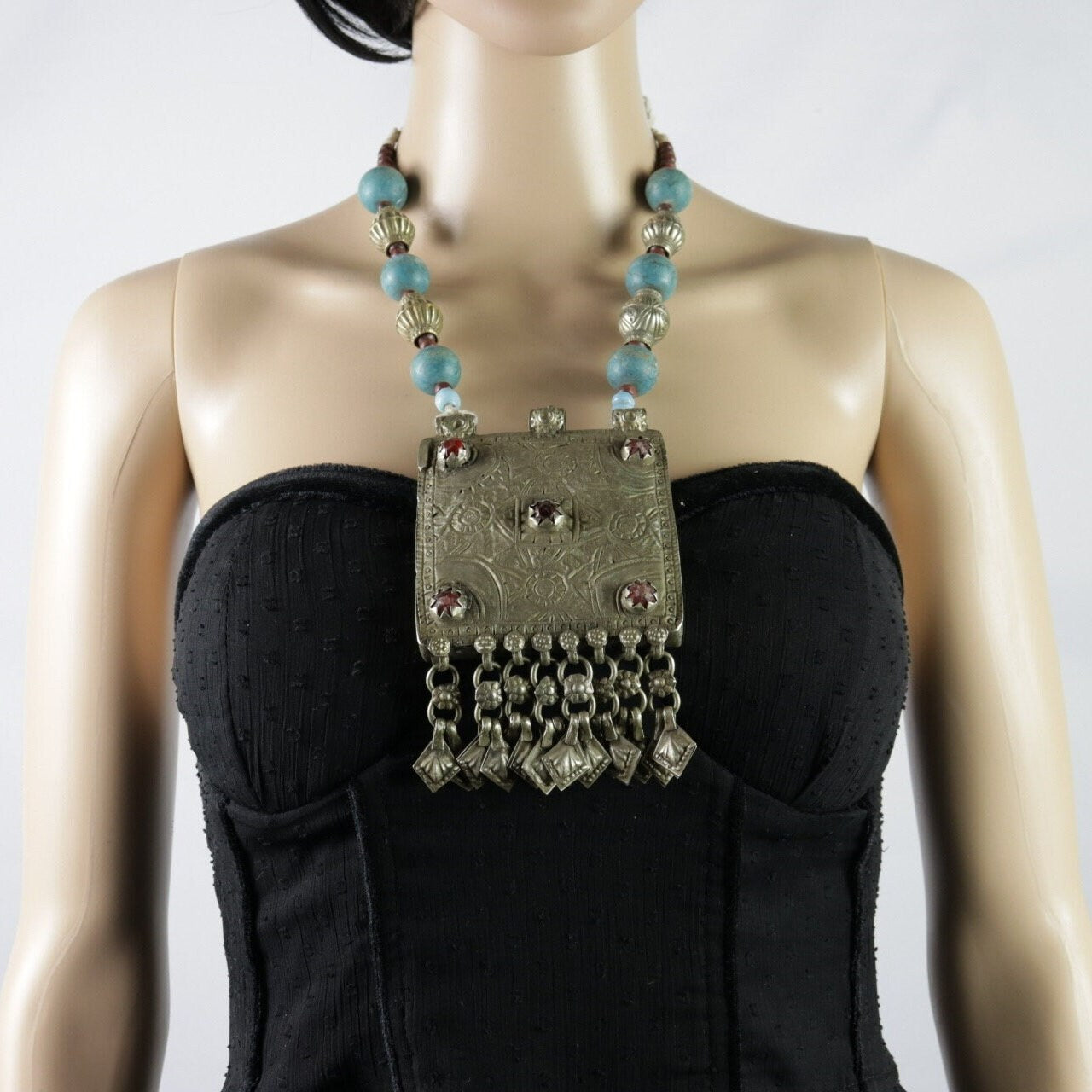Vintage Kuchi Choker Necklace: Afghan Turquoise & Red Glass Bohemian Jewelry