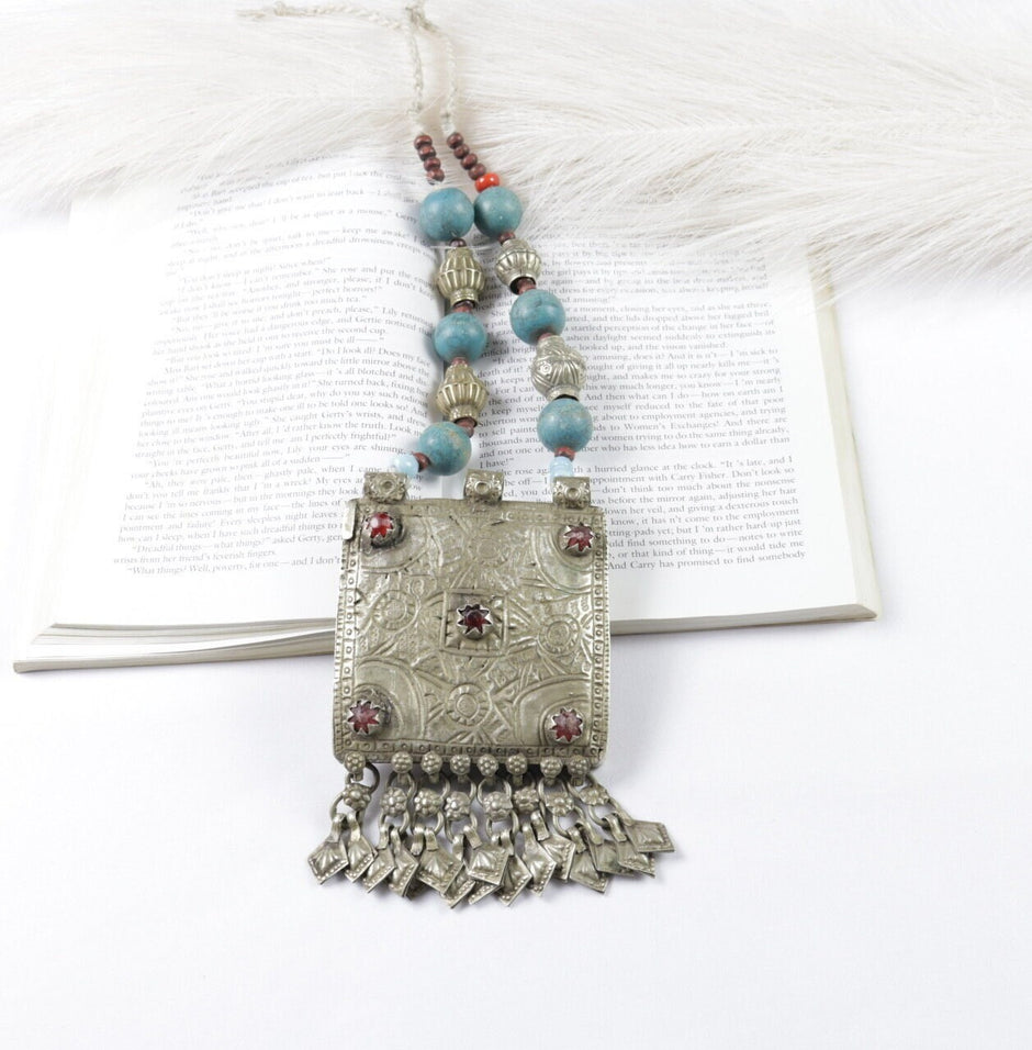 Vintage Kuchi Choker Necklace: Afghan Turquoise & Red Glass Bohemian Jewelry