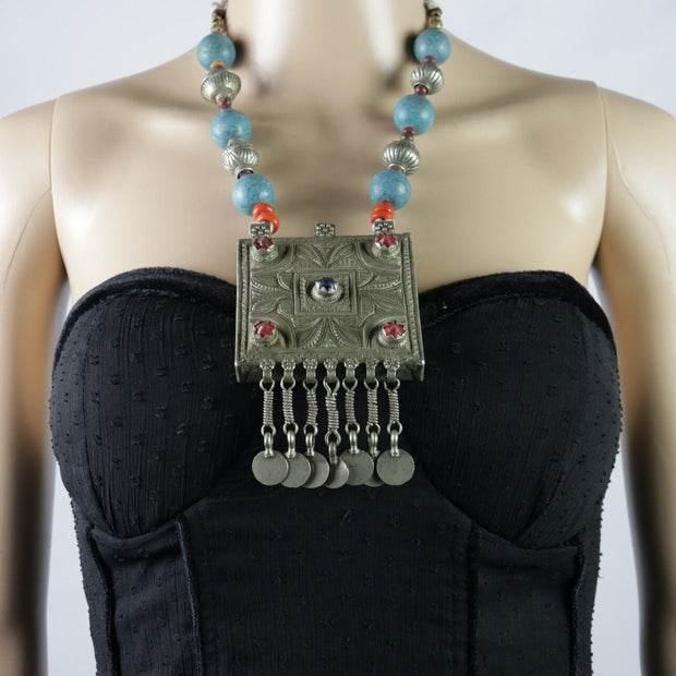 Vintage Kuchi Choker Necklace: Afghan Turquoise & Silver Coin Jewelry