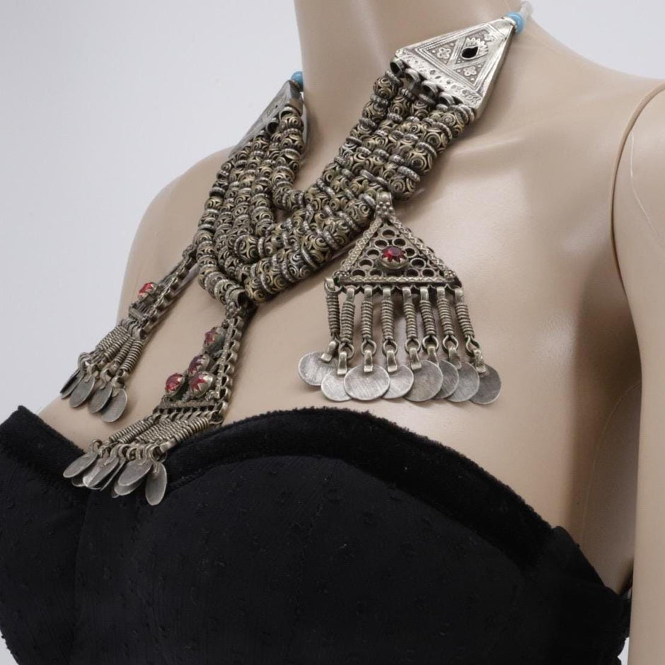 Vintage Afghan Tribal Multilayer Beaded Necklace with 3 Pendants