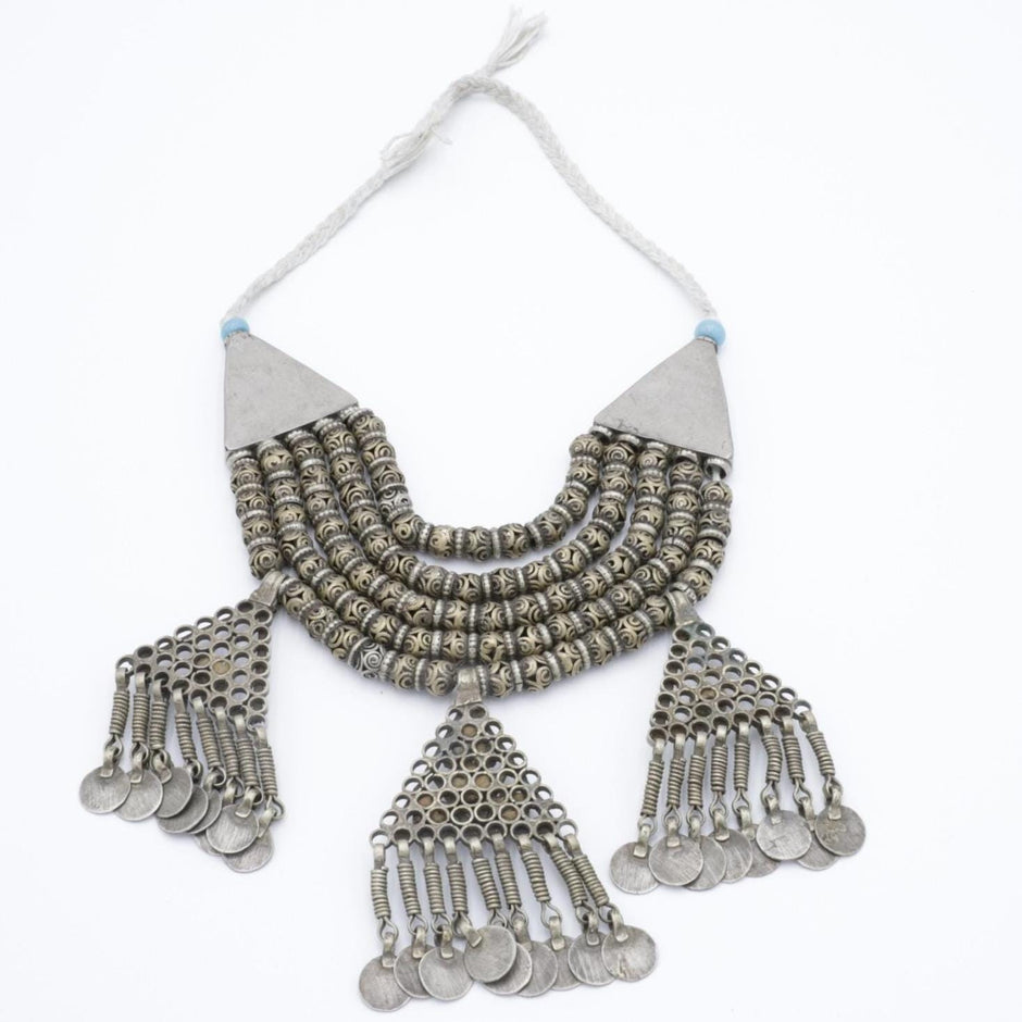 Vintage Afghan Tribal Multilayer Beaded Necklace with 3 Pendants