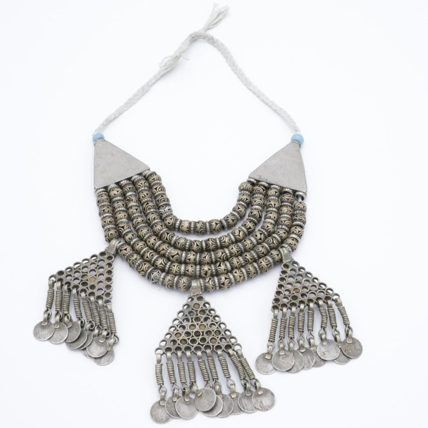 Vintage Afghan Tribal Multilayer Beaded Necklace with 3 Pendants