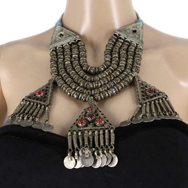 Vintage Afghan Tribal Multilayer Beaded Necklace with 3 Pendants