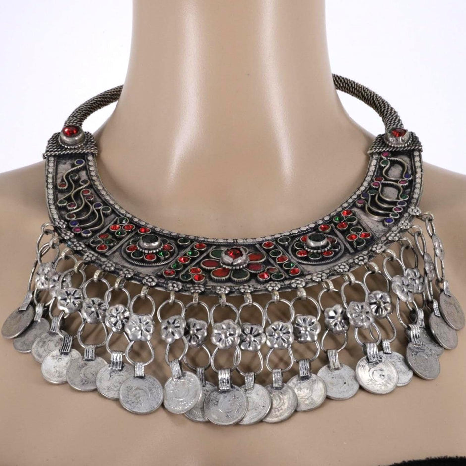 Vintage Banjara Kuchi Neckring: Large Ethnic Tribal Choker for Saree, Afghan-inspired coins Jewelry