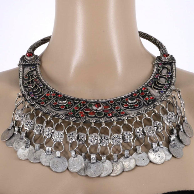 Vintage Banjara Kuchi Neckring: Large Ethnic Tribal Choker for Saree, Afghan-inspired coins Jewelry