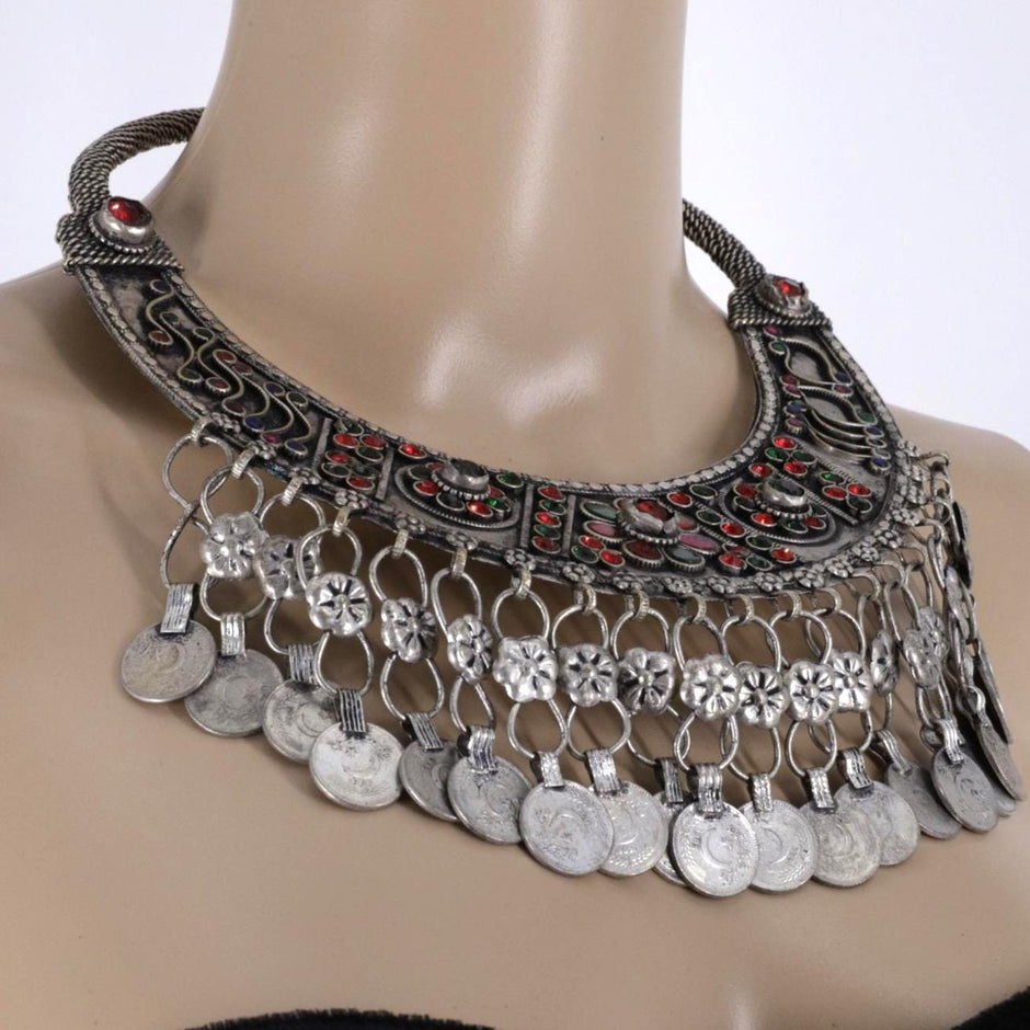 Vintage Banjara Kuchi Neckring: Large Ethnic Tribal Choker for Saree, Afghan-inspired coins Jewelry