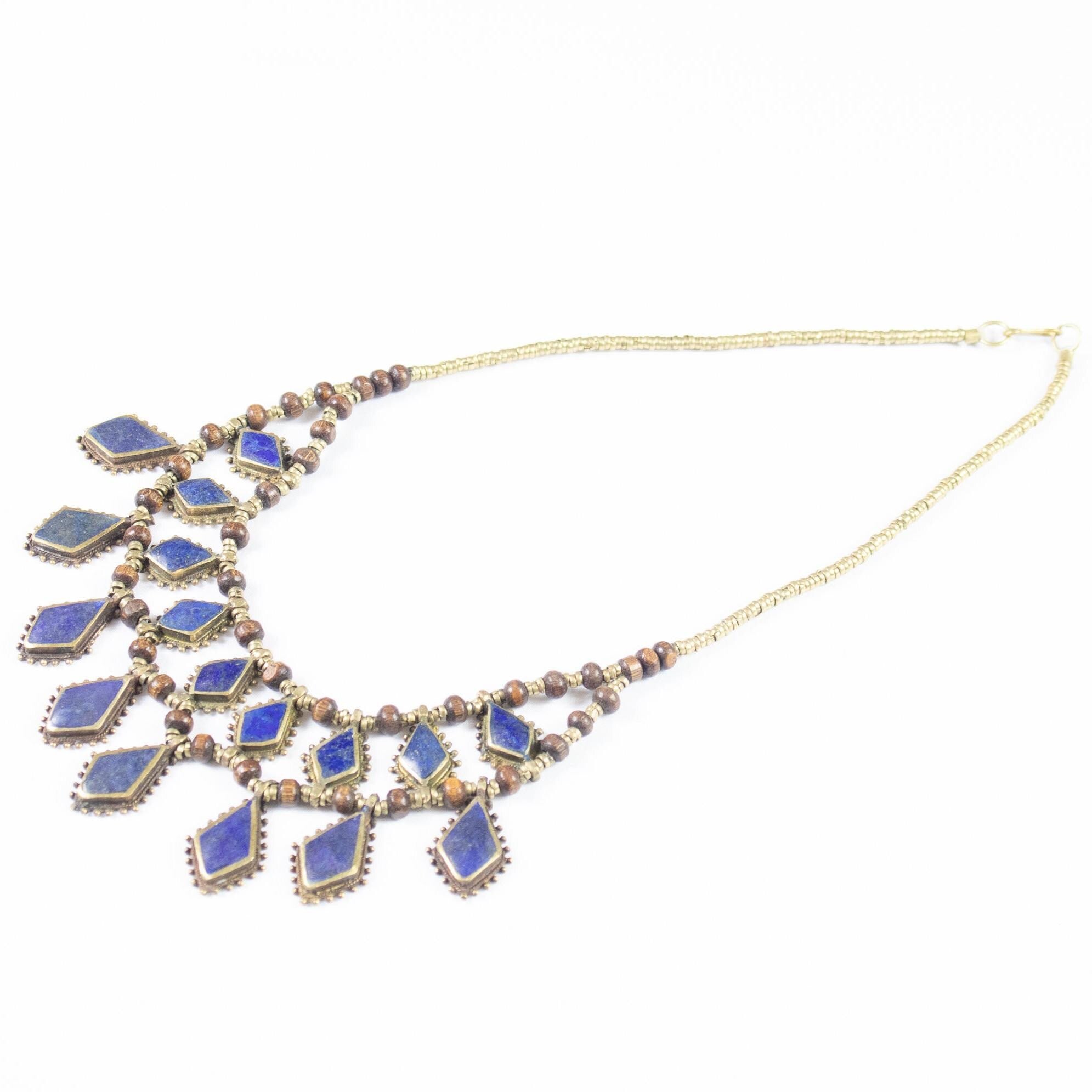 Vintage Afghan Lapis Lazuli Necklace: Kuchi Boho Statement Jewelry