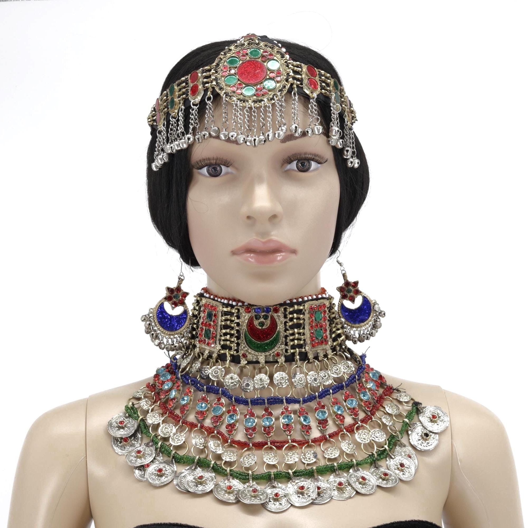Vibrant Afghan Kuchi Jewelry Set: Colorful Choker, Wedding Necklace Headpiece for Brides & Dancers