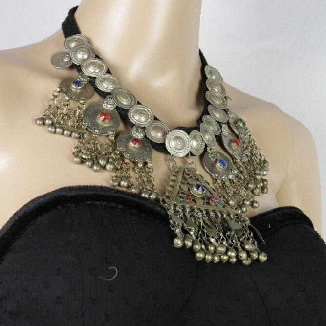 Bohemian Tribal Choker: Vintage Kuchi Coin Necklace with Silver Tassels - Handmade Ethnic Statement Piece
