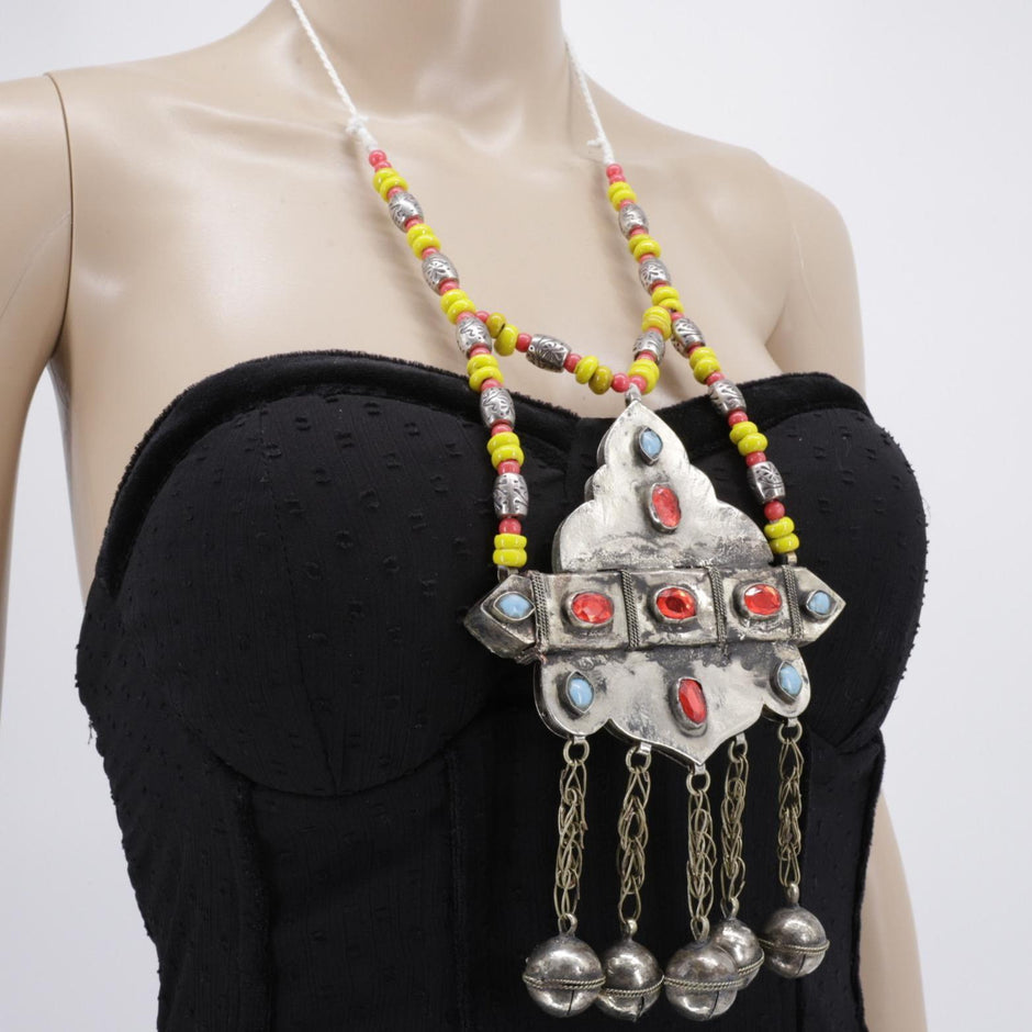 Vintage Pakistani Beaded Bells Necklace - Handmade Afghan Tribal Jewelry for Belly Dancing