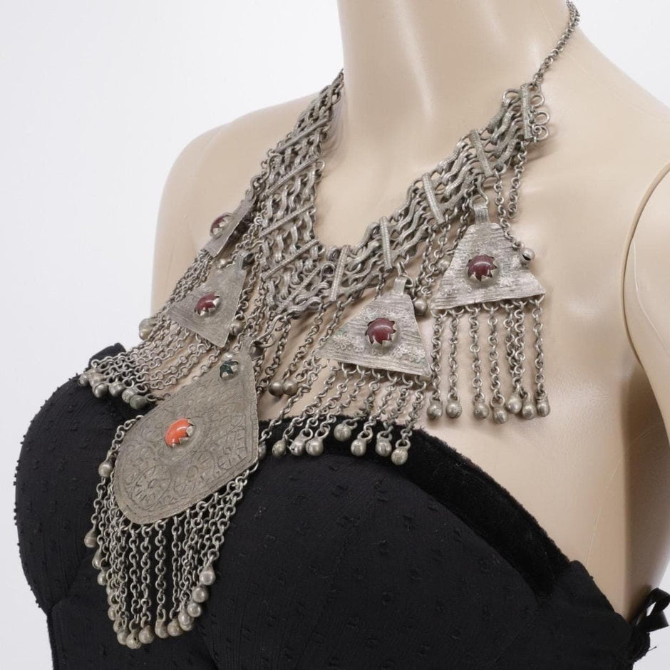 Vintage Kashmiri Tribal Necklace – Handcrafted Central Asian Jewelry, Glass Stones, Tassels