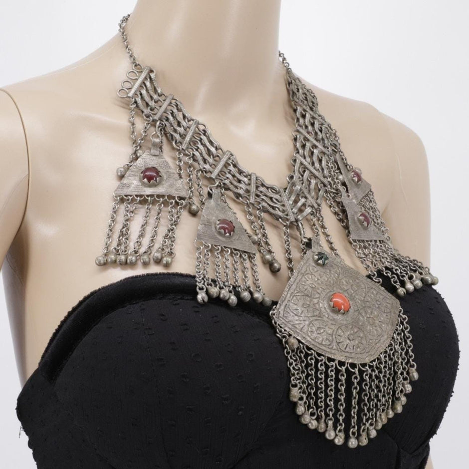 Vintage Kashmiri Tribal Necklace – Handcrafted Central Asian Jewelry, Glass Stones, Tassels