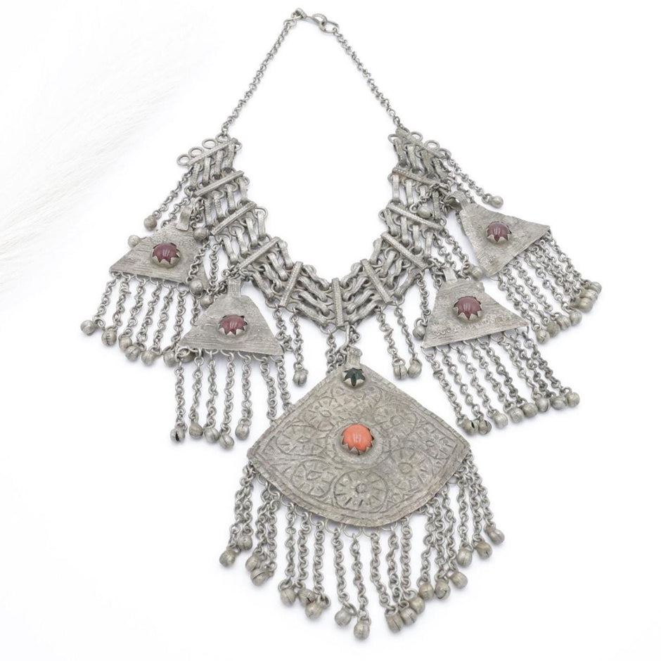 Vintage Kashmiri Tribal Necklace – Handcrafted Central Asian Jewelry, Glass Stones, Tassels