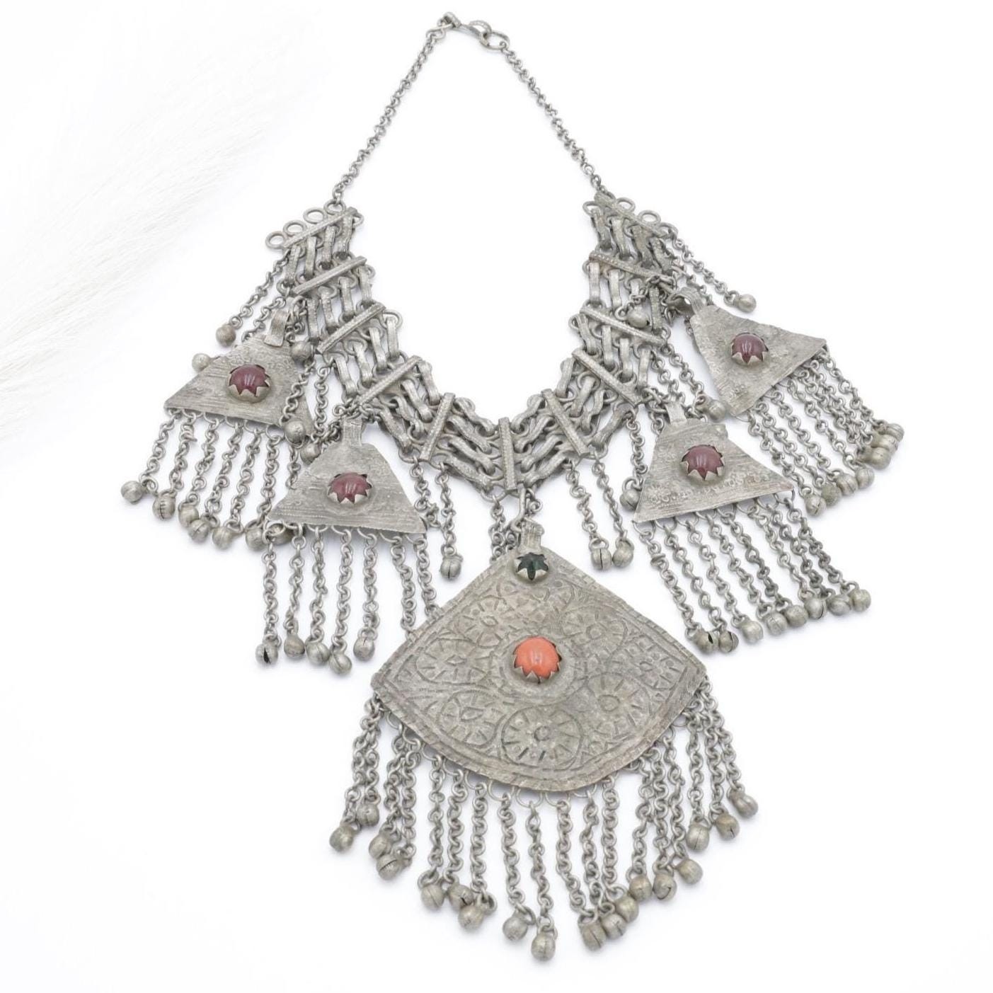 Vintage Kashmiri Tribal Necklace – Handcrafted Central Asian Jewelry, Glass Stones, Tassels