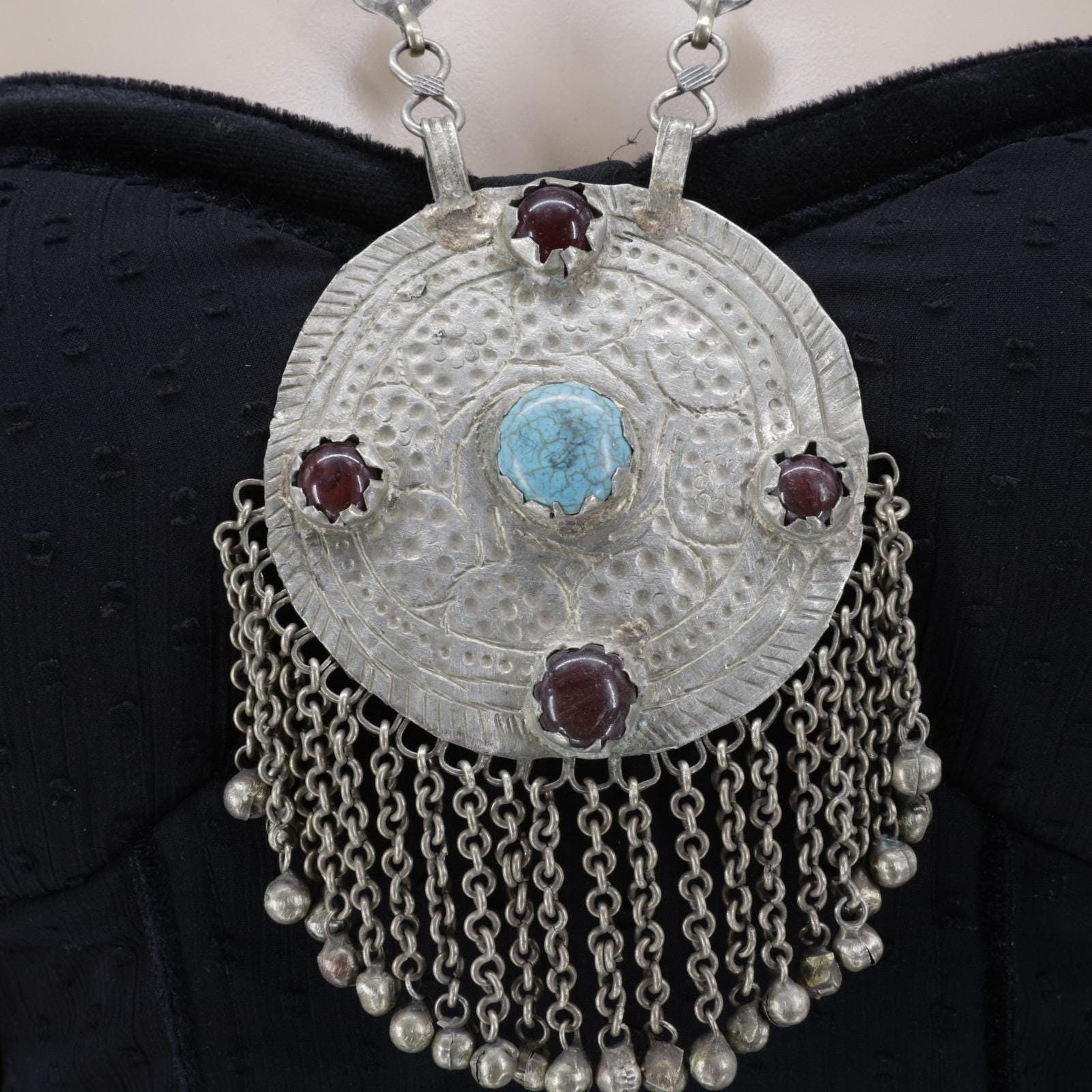 Vintage Afghan Red Stone Pendant Necklace - Ethnic Tribal Kuchi Jewelry for Belly Dance