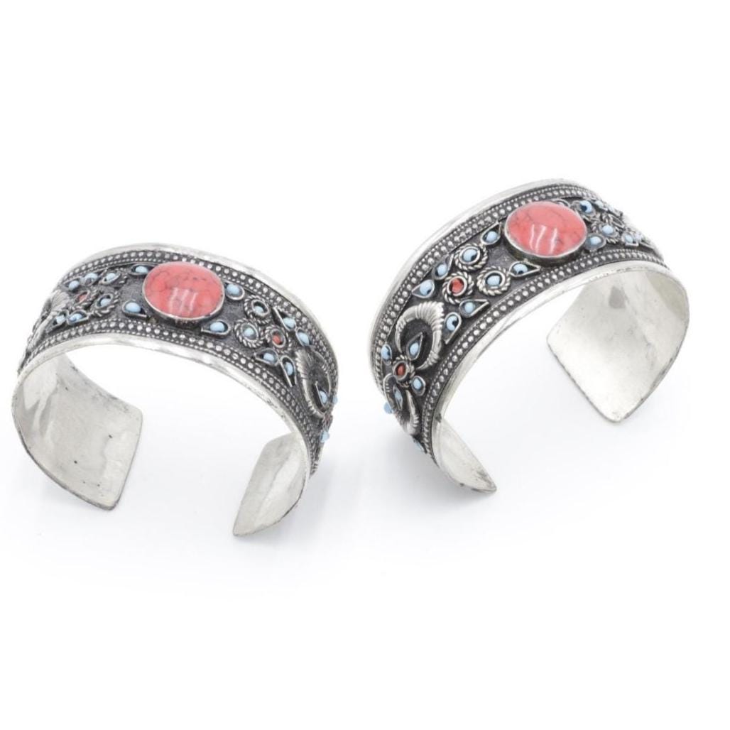 Kuchi Adjustable Cuff Bracelet Set: Afghan Aqeeq Statement Bohemian Jewelry