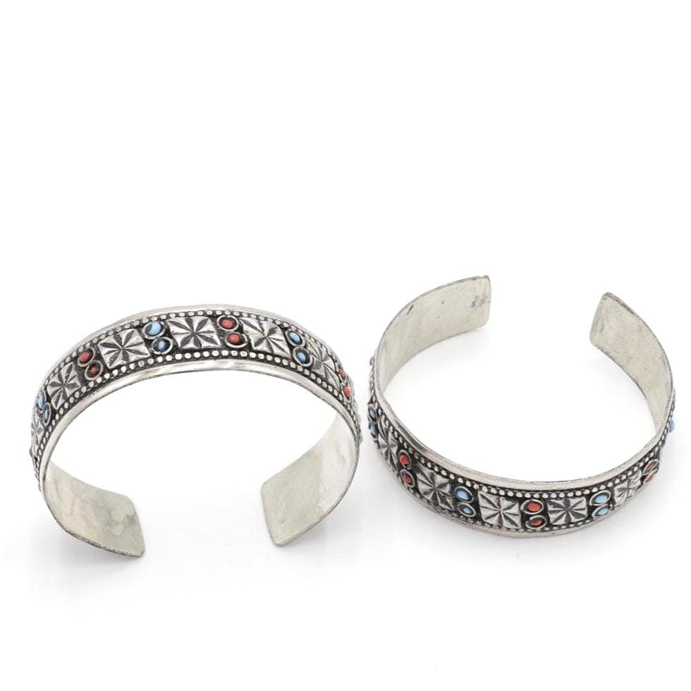Bohemian Afghan Kuchi Adjustable Cuff Bracelet Set - Statement Aqeeq Jewelry - Tribal Boho Accessory
