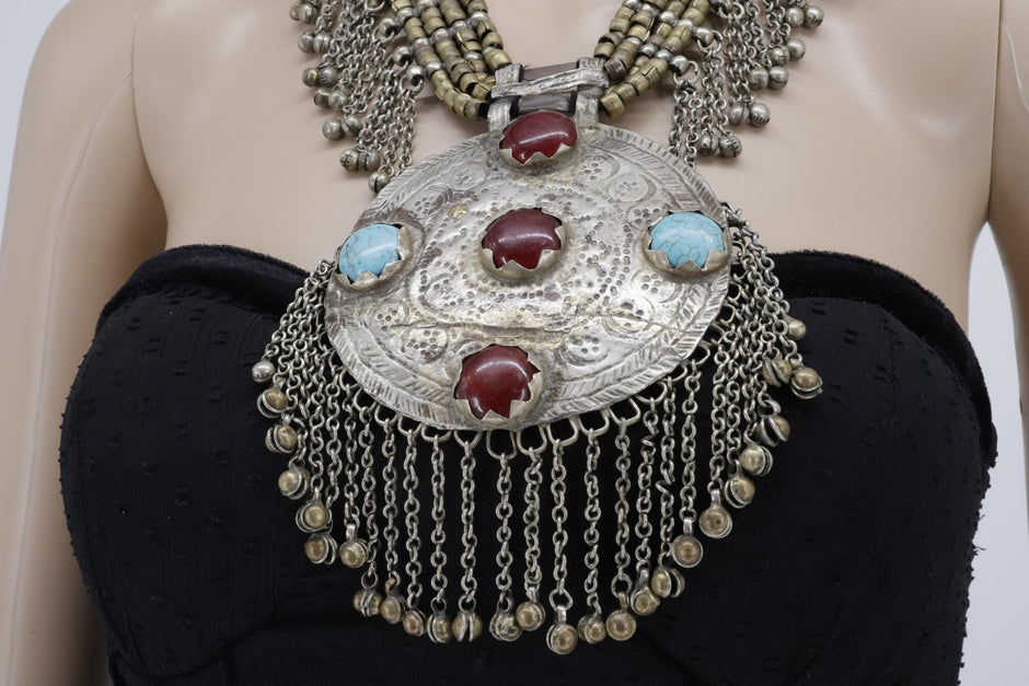 Vintage Afghan Kuchi Choker: Bohemian Statement Necklace with Aqeeq Pendant - Ethnic Tribal Jewelry