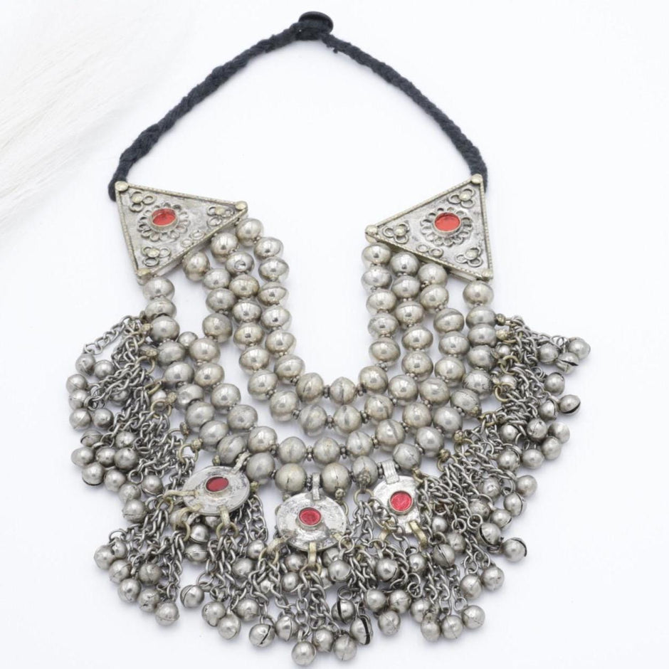 Vintage Kuchi Multilayer Silver Beaded Choker Necklace with Bells - Tribal Handmade Statement Jewelry
