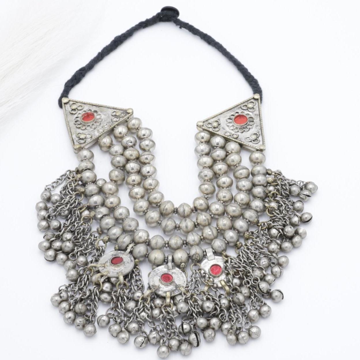 Vintage Kuchi Multilayer Silver Beaded Choker Necklace with Bells - Tribal Handmade Statement Jewelry