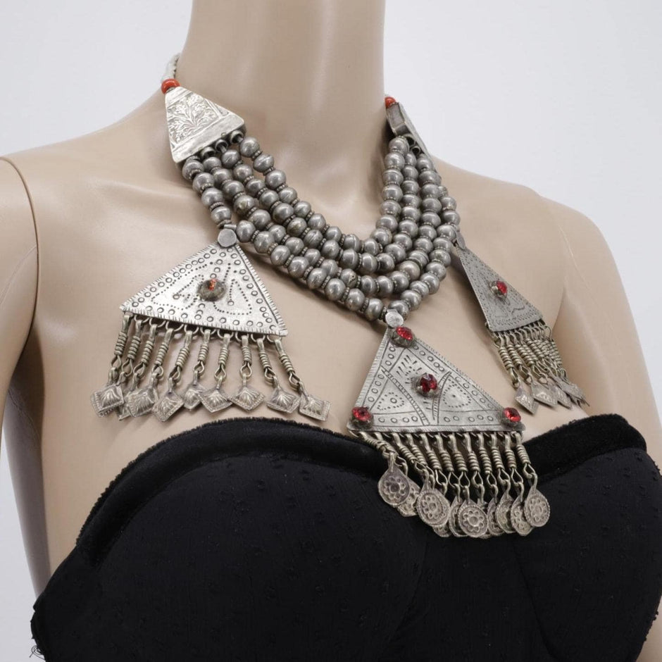 VINTAGE DARODHA NECKLACE - Multi-Strand Choker with Old Beads and 3 Large Pendants -