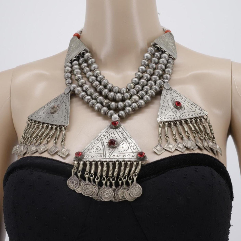 VINTAGE DARODHA NECKLACE - Multi-Strand Choker with Old Beads and 3 Large Pendants -