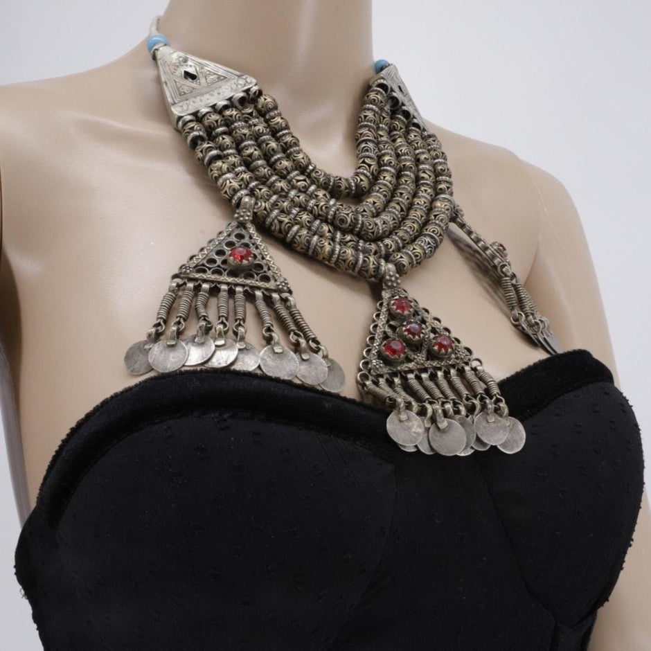 Vintage Kashmiri Kuchi Coins Necklace | Afghan Tribal Pendant Choker Huge Jewelry | Gypsy Boho Style