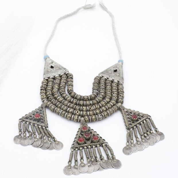 Vintage Afghan Tribal Multilayer Beaded Necklace with 3 Pendants