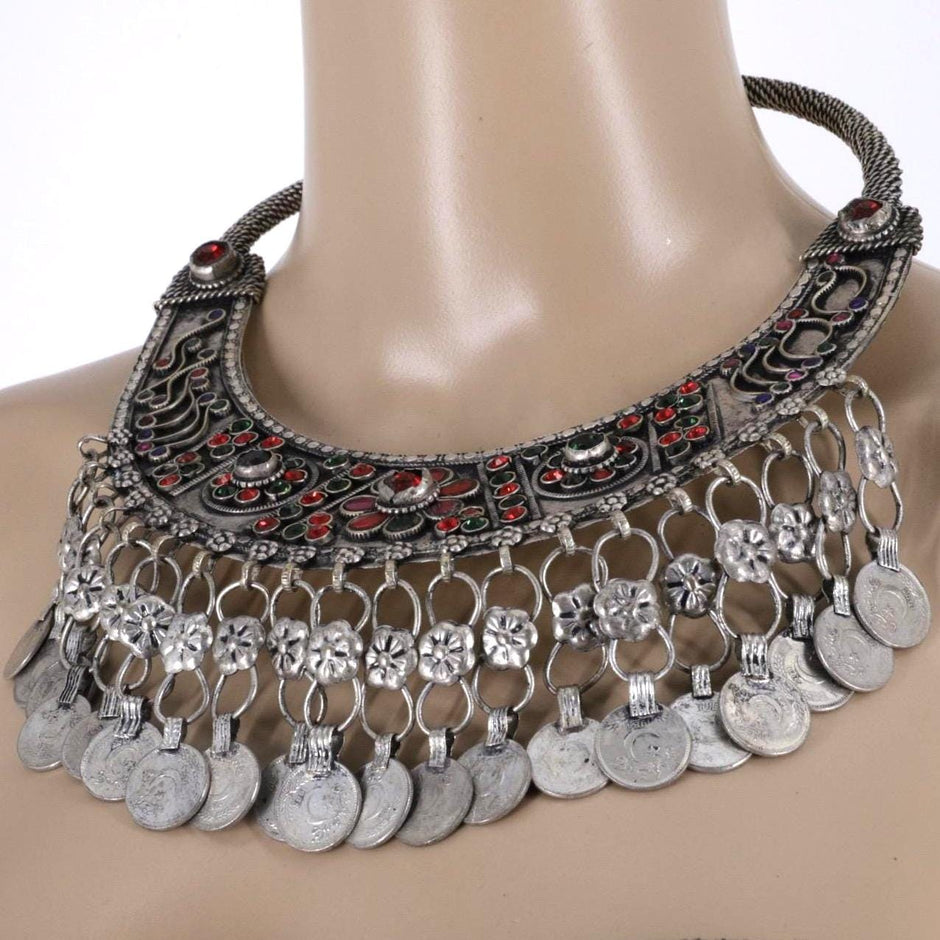 Vintage Banjara Kuchi Neckring: Large Ethnic Tribal Choker for Saree, Afghan-inspired coins Jewelry