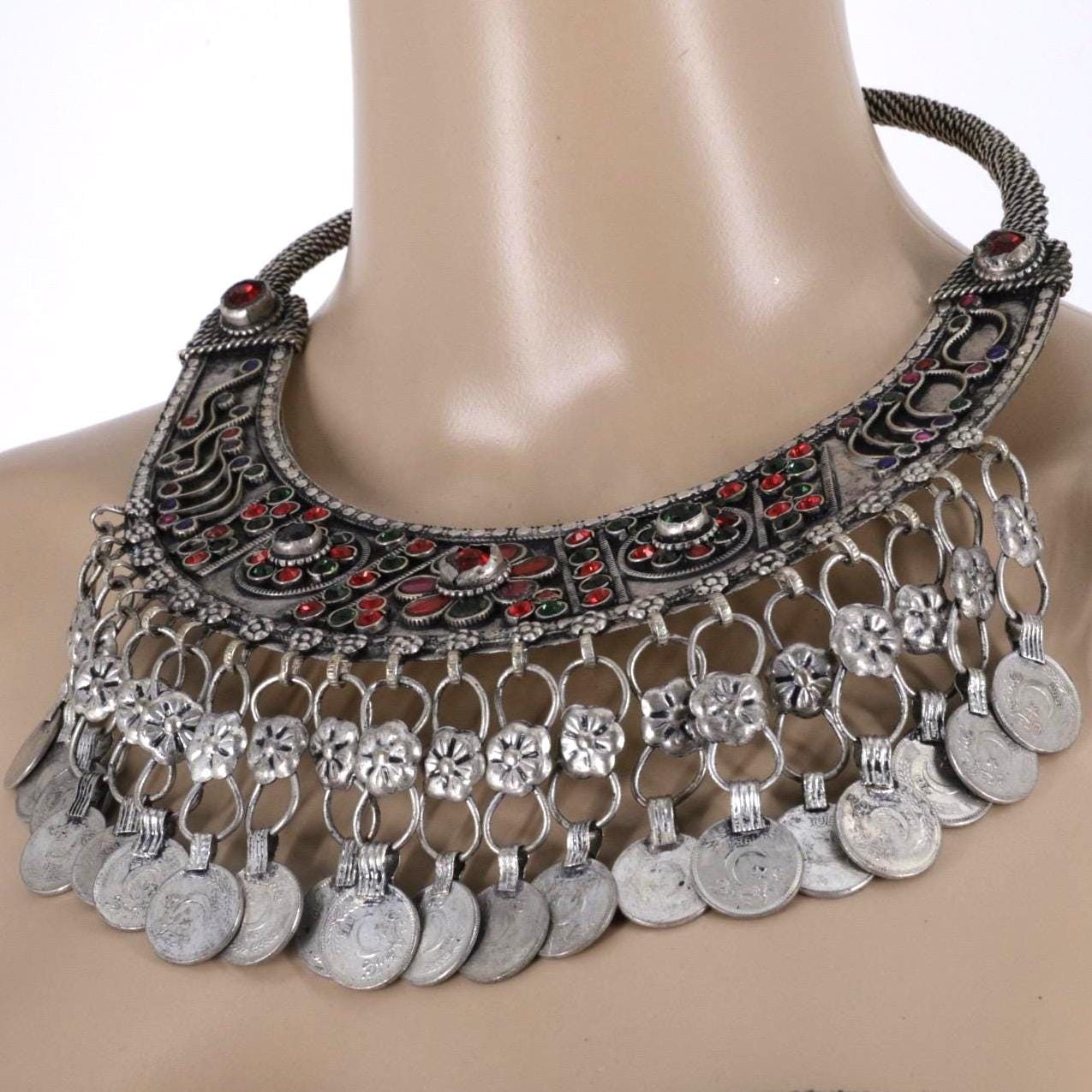 Vintage Banjara Kuchi Neckring: Large Ethnic Tribal Choker for Saree, Afghan-inspired coins Jewelry