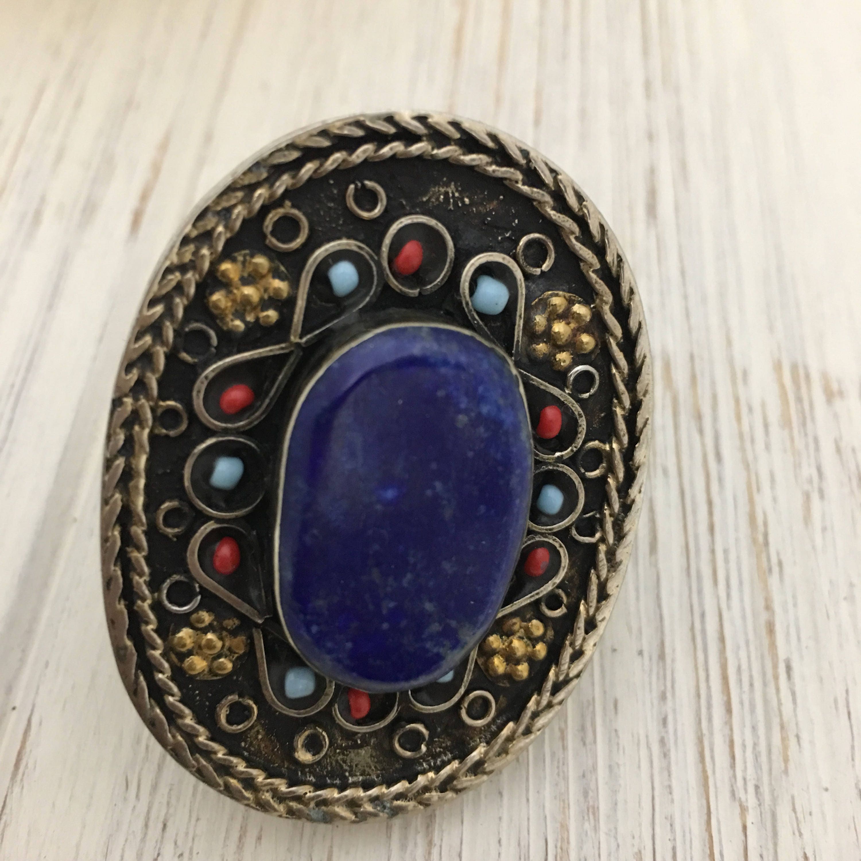 Vintage Afghan Lapis Lazuli Statement Ring - Adjustable Handmade Gemstone Jewelry for Engagement or Festival