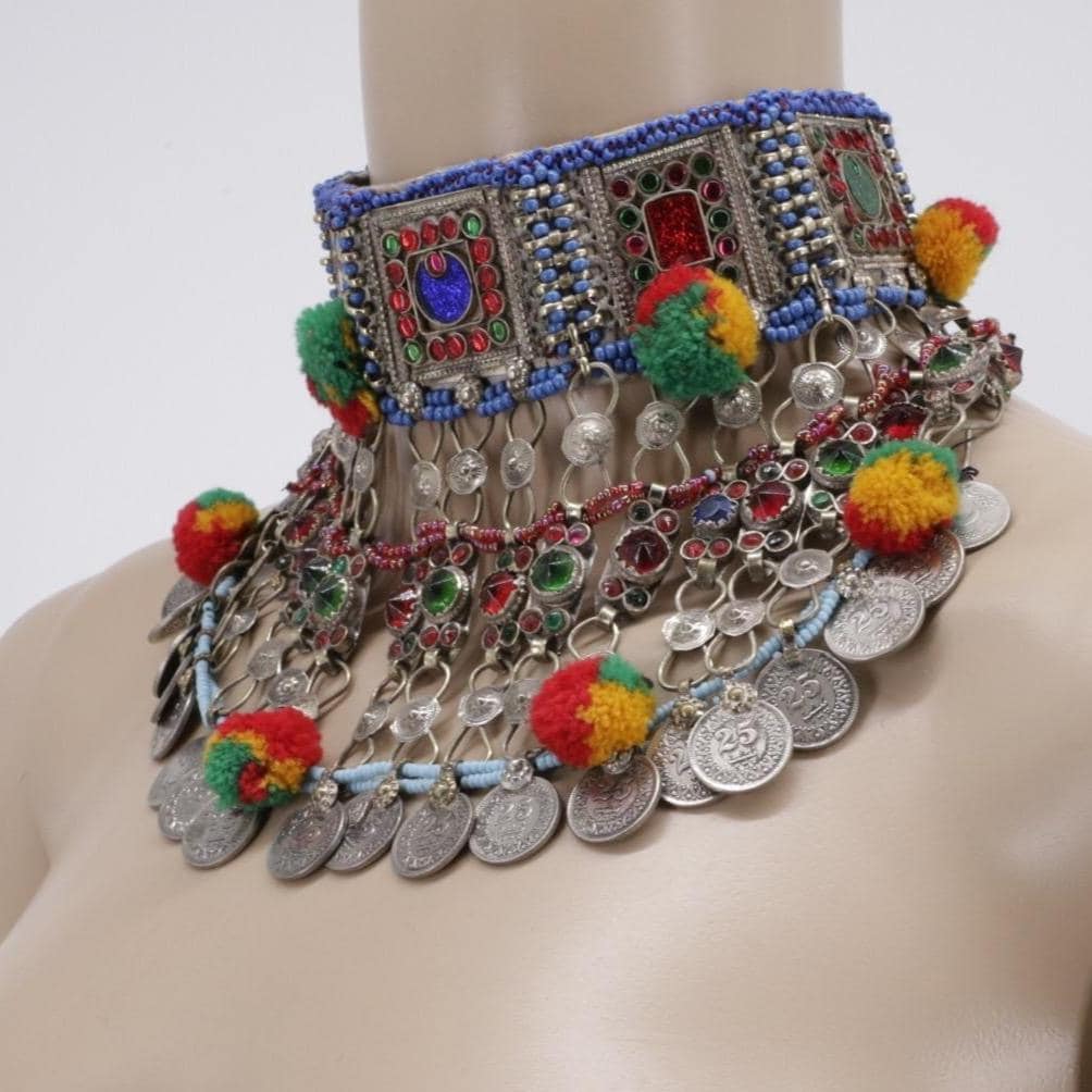 Vintage Kuchi Choker: Afghan Tribal Coin Necklace with Stones