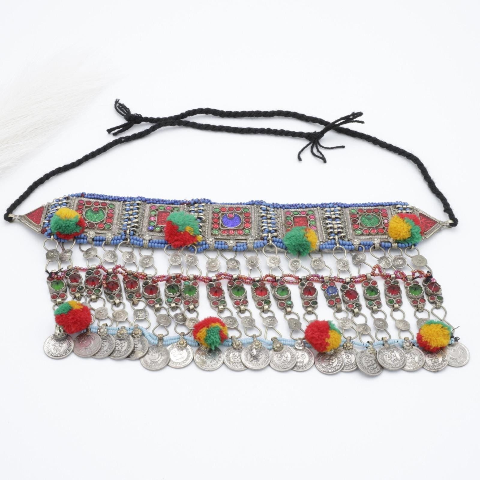 Vintage Kuchi Choker: Afghan Tribal Coin Necklace with Stones