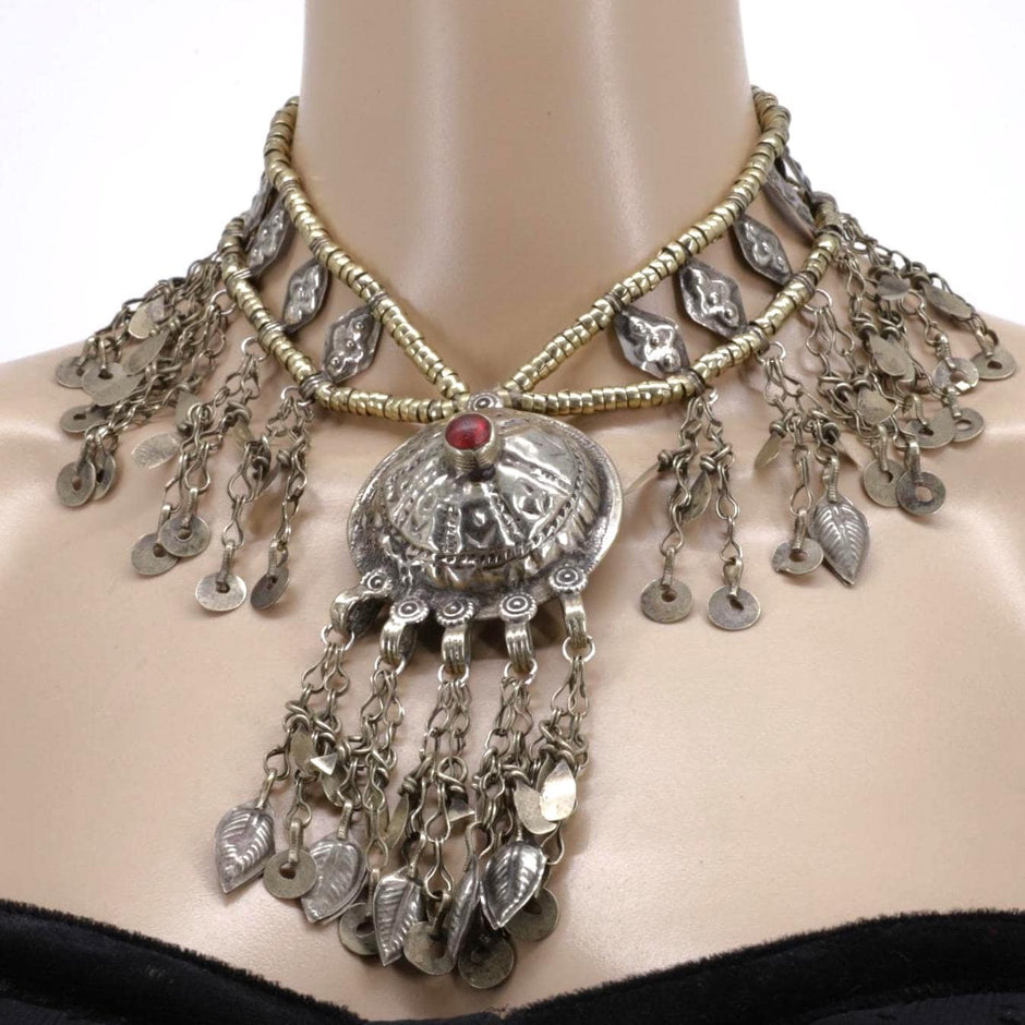 Vintage Tuareg Waziri Necklace - Afghani Belly Dance Choker - Boho Kuchi Tribal Jewelry