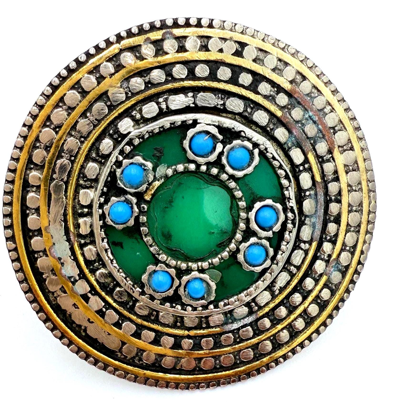Oversized Vintage Afghan Statement Ring - Adjustable Turquoise Engraved Gemstone Jewelry