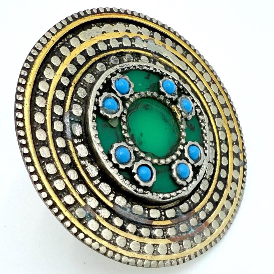 Oversized Vintage Afghan Statement Ring - Adjustable Turquoise Engraved Gemstone Jewelry