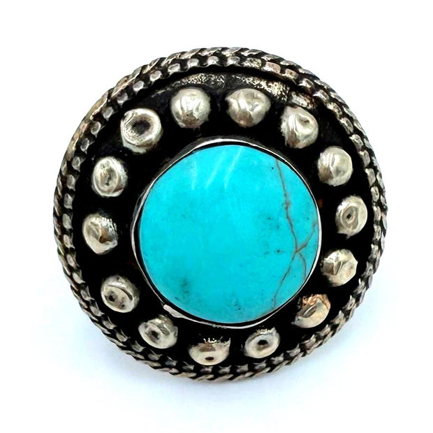 Vintage Afghan Turquoise Ring - Adjustable Nomadic Statement Jewelry with Engraved Gemstone