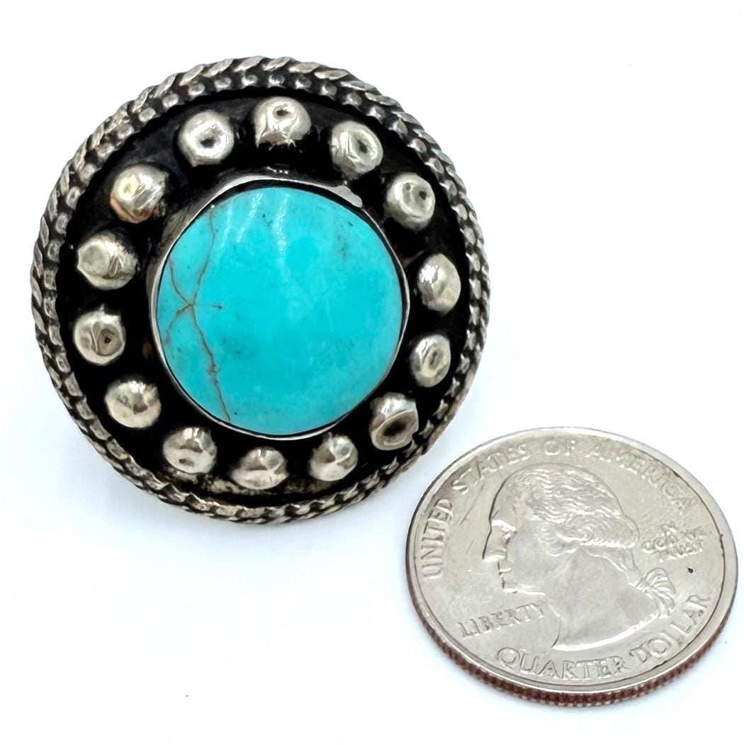 Vintage Afghan Turquoise Ring - Adjustable Nomadic Statement Jewelry with Engraved Gemstone