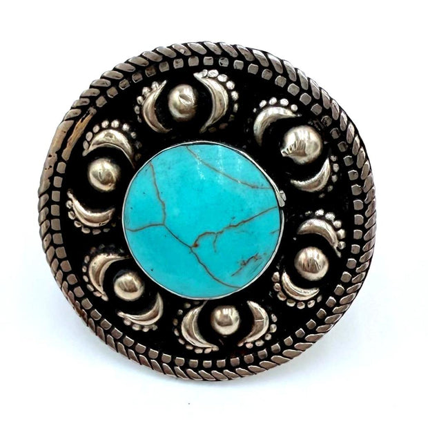 Vintage Afghan Turquoise Statement Ring -  Handmade Engraved Gemstone Jewelry