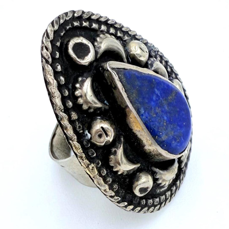 Vintage Afghan Lapis Lazuli Statement Ring - Handmade Nomadic Gemstone Jewelry