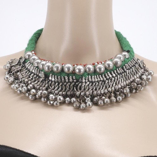 Bohemian Afghan Choker Necklace with Dangle Bells – Ethnic Tribal Kuchi Gypsy Belly Dance Jewelry