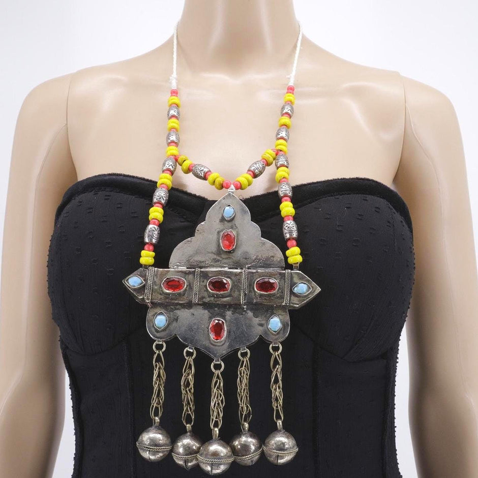 Vintage Pakistani Beaded Bells Necklace - Handmade Afghan Tribal Jewelry for Belly Dancing