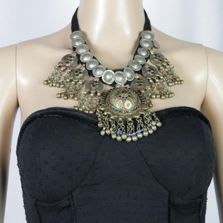 Bohemian Tribal Choker: Vintage Kuchi Coin Necklace with Silver Tassels - Handmade Ethnic Statement Piece