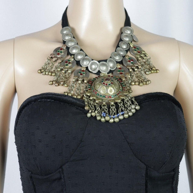 Bohemian Tribal Choker: Vintage Kuchi Coin Necklace with Silver Tassels - Handmade Ethnic Statement Piece