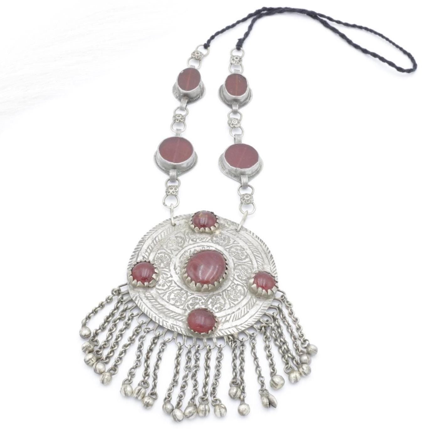 Vintage Afghan Red Stone Pendant Necklace - Ethnic Tribal Kuchi Choker for Belly Dance