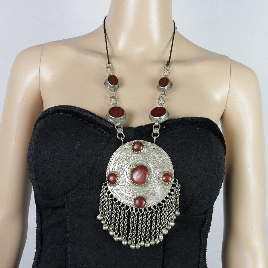 Vintage Afghan Red Stone Pendant Necklace - Ethnic Tribal Kuchi Choker for Belly Dance