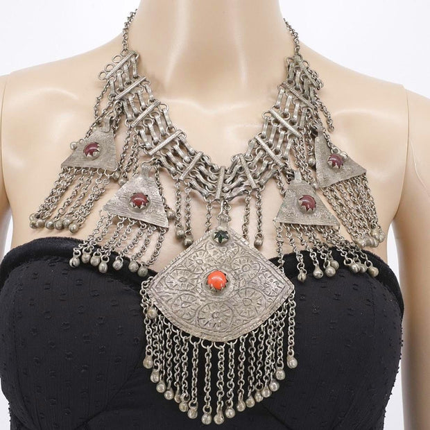Vintage Kashmiri Tribal Necklace – Handcrafted Central Asian Jewelry, Glass Stones, Tassels
