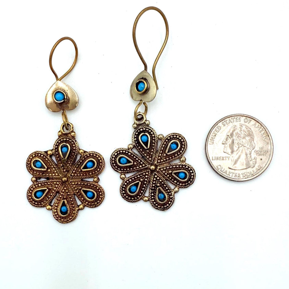 Vintage Afghan Tribal Flower Earrings - Handcrafted Boho Jewelry with Turquoise Accents