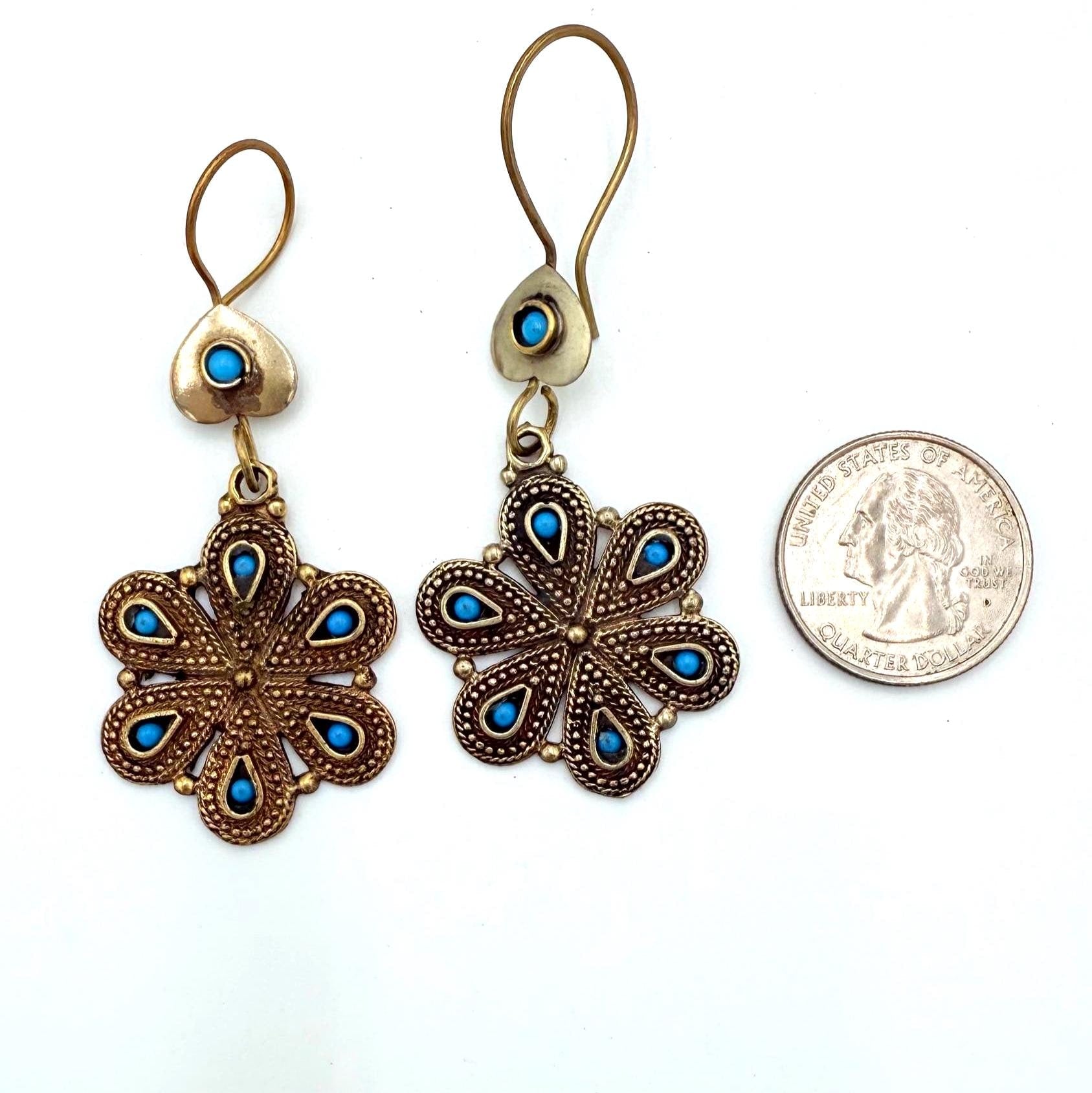 Vintage Afghan Tribal Flower Earrings - Handcrafted Boho Jewelry with Turquoise Accents