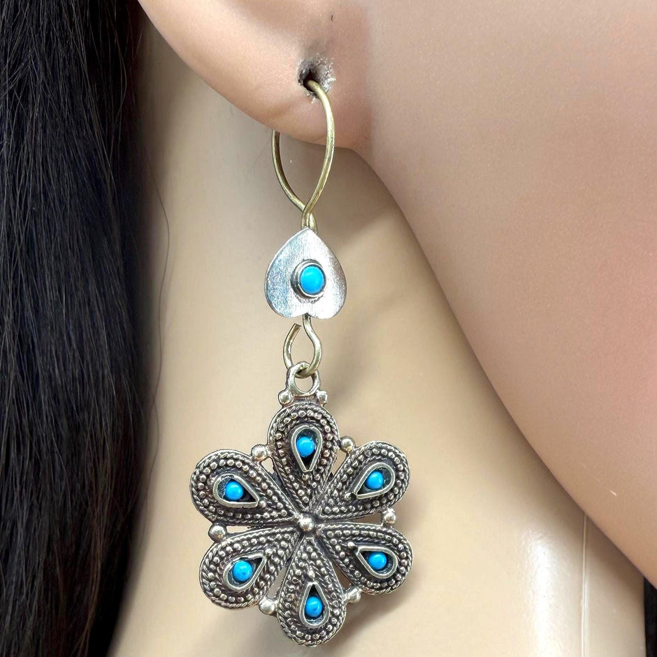Vintage Afghan Tribal Flower Earrings - Handcrafted Boho Jewelry with Turquoise Accents
